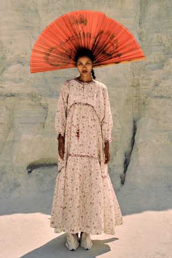 Buy_Ahmev_Red Cotton, Chanderi Beads, Tassels Keyhole Neck Min Maw Tier Dress _at_Aza_Fashions