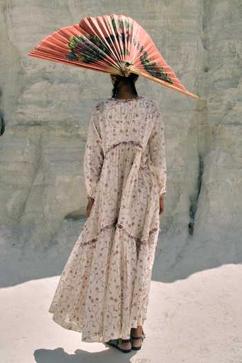 Shop_Ahmev_Red Cotton, Chanderi Beads, Tassels Keyhole Neck Min Maw Tier Dress _at_Aza_Fashions