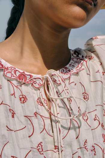 Buy_Ahmev_Red Cotton, Chanderi Beads, Tassels Keyhole Neck Min Maw Tier Dress _Online_at_Aza_Fashions