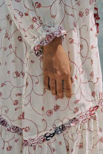 Shop_Ahmev_Red Cotton, Chanderi Beads, Tassels Keyhole Neck Min Maw Tier Dress _Online_at_Aza_Fashions