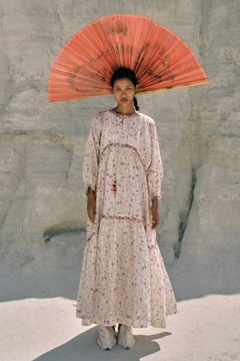 Ahmev_Red Cotton, Chanderi Beads, Tassels Keyhole Neck Min Maw Tier Dress _at_Aza_Fashions