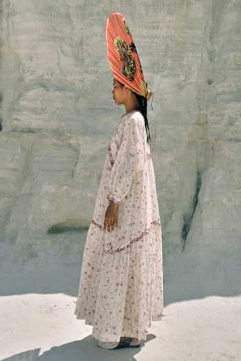 Shop_Ahmev_Red Cotton, Chanderi Beads, Tassels Keyhole Neck Min Maw Tier Dress 