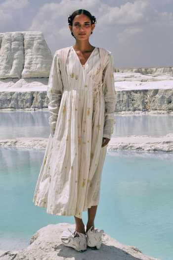Buy_Ahmev_Gold Cotton, Chanderi Beads, Tassels V-neck Elysia Printed Angarkha Dress _at_Aza_Fashions