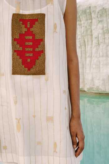 Ahmev_Ivory Cotton, Chanderi Beads, Tassels Boat , Scoop Solara Printed Tunic _Online_at_Aza_Fashions
