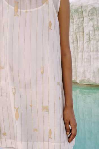 Ahmev_Ivory Cotton, Chanderi Boat Neck Eira Shift Dress _Online_at_Aza_Fashions