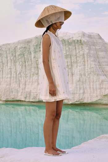 Shop_Ahmev_Ivory Cotton, Chanderi Boat Neck Eira Shift Dress _at_Aza_Fashions