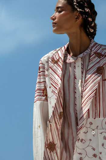 Ahmev_Ivory Cotton, Chanderi Embroidery, Zari Lumina Double Breasted Blazer _Online_at_Aza_Fashions