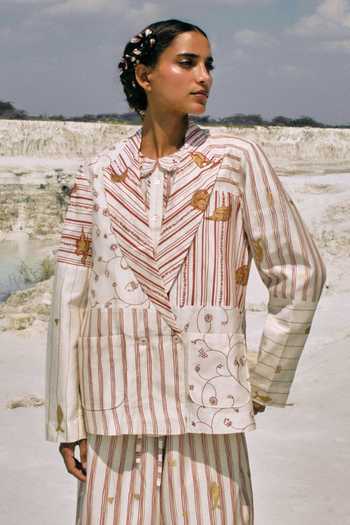 Buy_Ahmev_Ivory Cotton, Chanderi Embroidery, Zari Lumina Double Breasted Blazer _at_Aza_Fashions
