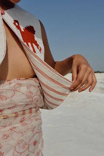 Ahmev_Red Cotton, Chanderi Round Neck Wuna Hand Beaded Embellished Vest _Online_at_Aza_Fashions
