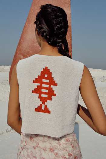 Shop_Ahmev_Red Cotton, Chanderi Round Neck Wuna Hand Beaded Embellished Vest _at_Aza_Fashions