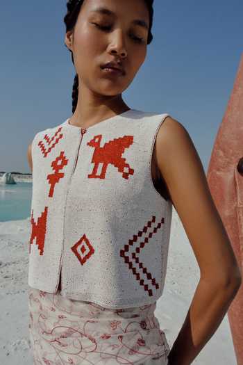 Buy_Ahmev_Red Cotton, Chanderi Round Neck Wuna Hand Beaded Embellished Vest _Online_at_Aza_Fashions