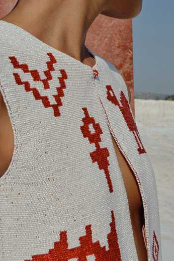 Shop_Ahmev_Red Cotton, Chanderi Round Neck Wuna Hand Beaded Embellished Vest _Online_at_Aza_Fashions