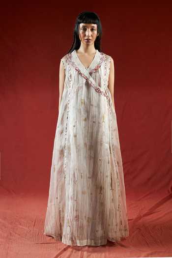 Buy_Ahmev_Ivory Cotton, Silk Organza Tassels, Piping, Beads Shawl Neck, Ashin Overlay _at_Aza_Fashions