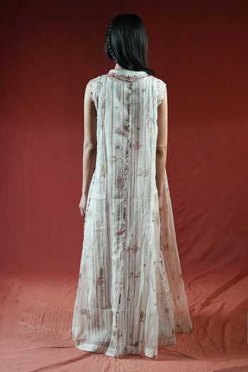 Shop_Ahmev_Ivory Cotton, Silk Organza Tassels, Piping, Beads Shawl Neck, Ashin Overlay _at_Aza_Fashions