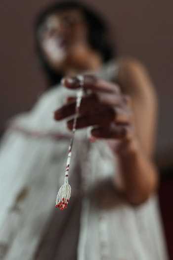 Ahmev_Ivory Cotton, Silk Organza Tassels, Piping, Beads Shawl Neck, Ashin Overlay _Online_at_Aza_Fashions