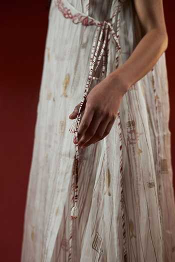 Buy_Ahmev_Ivory Cotton, Silk Organza Tassels, Piping, Beads Shawl Neck, Ashin Overlay _Online_at_Aza_Fashions