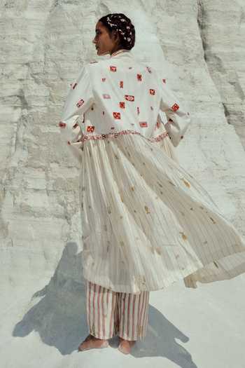 Shop_Ahmev_Red Cotton, Chanderi Embroidery, Beads, Lace Notched Neck Shin Long Jacket _at_Aza_Fashions