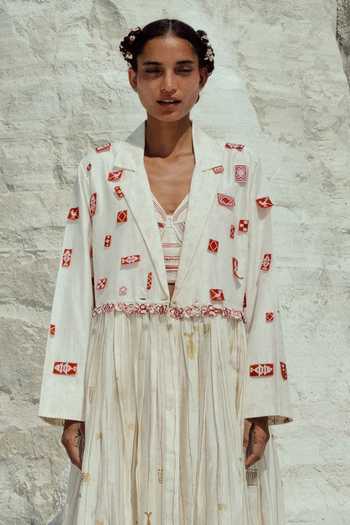 Ahmev_Red Cotton, Chanderi Embroidery, Beads, Lace Notched Neck Shin Long Jacket _Online_at_Aza_Fashions