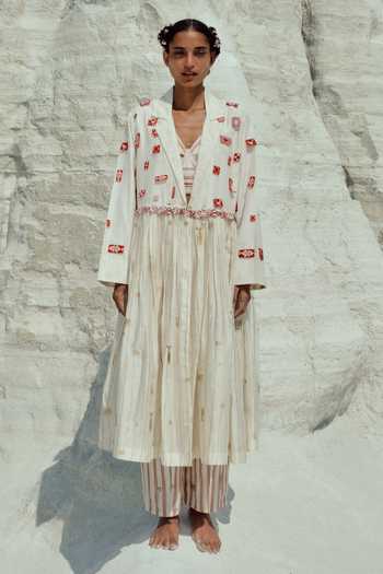 Shop_Ahmev_Red Cotton, Chanderi Embroidery, Beads, Lace Notched Neck Shin Long Jacket _Online_at_Aza_Fashions