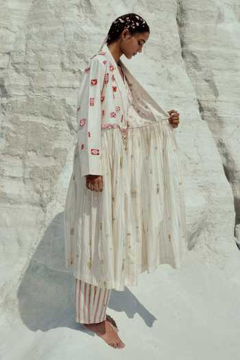 Ahmev_Red Cotton, Chanderi Embroidery, Beads, Lace Notched Neck Shin Long Jacket _at_Aza_Fashions