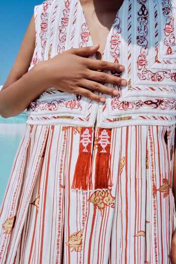 Shop_Ahmev_Ivory Cotton, Chanderi Embroidery, Beads, Tassels, Lace V-neck Kalaia Jacket _Online_at_Aza_Fashions