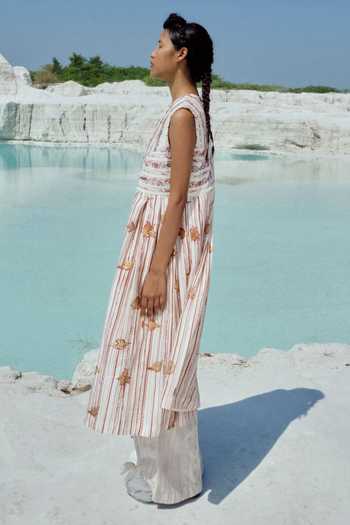 Ahmev_Ivory Cotton, Chanderi Embroidery, Beads, Tassels, Lace V-neck Kalaia Jacket _at_Aza_Fashions
