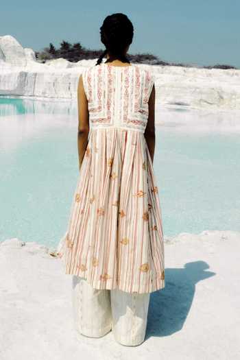 Shop_Ahmev_Ivory Cotton, Chanderi Embroidery, Beads, Tassels, Lace V-neck Kalaia Jacket _at_Aza_Fashions