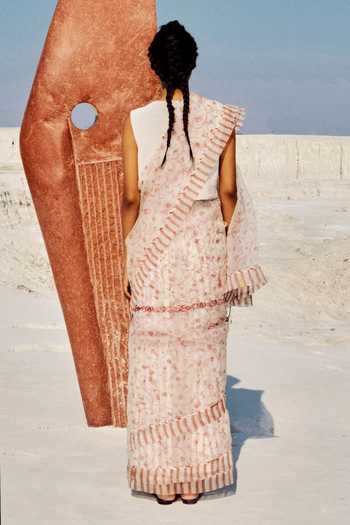 Shop_Ahmev_Ivory Cotton, Silk Organza Beads, Tassels, Lace Liz Floral Pattern Saree _at_Aza_Fashions