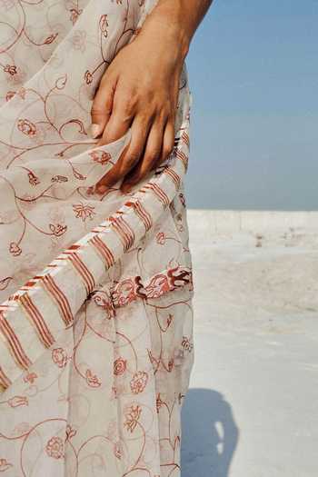 Buy_Ahmev_Ivory Cotton, Silk Organza Beads, Tassels, Lace Liz Floral Pattern Saree _Online_at_Aza_Fashions