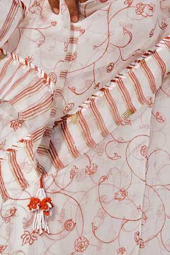 Ahmev_Ivory Cotton, Silk Organza Beads, Tassels, Lace Liz Floral Pattern Saree _at_Aza_Fashions
