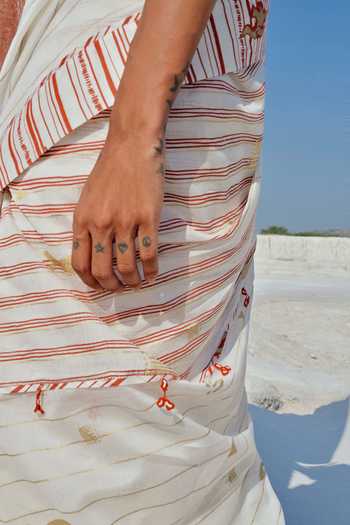 Buy_Ahmev_Ivory Cotton, Chanderi Embroidery, Beads, Tassels Hara Saree _Online_at_Aza_Fashions