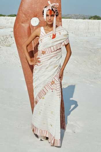 Buy_Ahmev_Ivory Cotton, Chanderi Embroidery, Beads, Tassels Hara Saree _at_Aza_Fashions