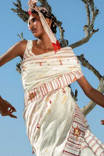 Shop_Ahmev_Ivory Cotton, Chanderi Embroidery, Beads, Tassels Hara Saree _Online_at_Aza_Fashions