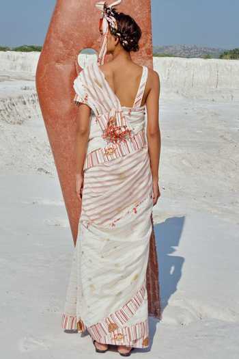 Shop_Ahmev_Ivory Cotton, Chanderi Embroidery, Beads, Tassels Hara Saree _at_Aza_Fashions