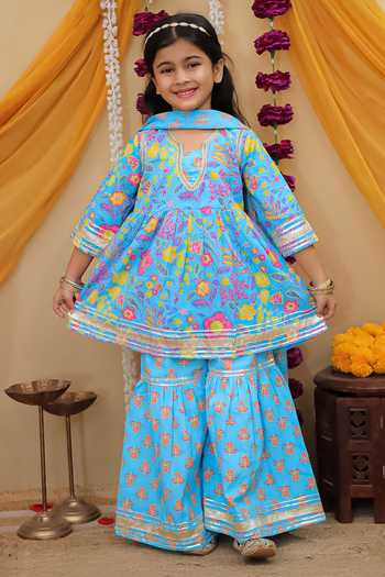 Buy_JILMIL DREAMWEAR_Pink Cotton Zari Anarkali Set With Sharara And Dupatta _at_Aza_Fashions