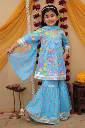 JILMIL DREAMWEAR_Pink Cotton Zari Anarkali Set With Sharara And Dupatta _Online_at_Aza_Fashions