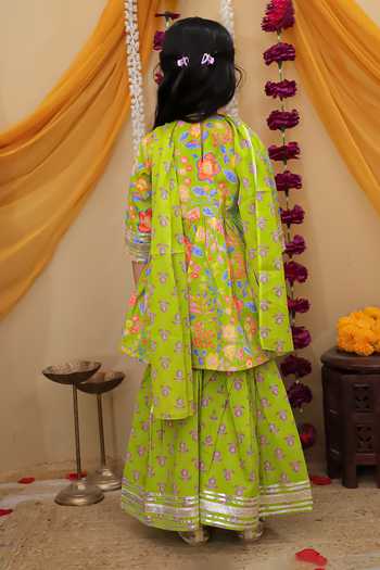 Shop_JILMIL DREAMWEAR_Blue Cotton Zari Girls Anarkali Sharara And Dupatta Set _at_Aza_Fashions