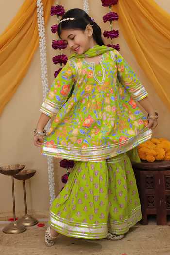 Buy_JILMIL DREAMWEAR_Blue Cotton Zari Girls Anarkali Sharara And Dupatta Set _Online_at_Aza_Fashions