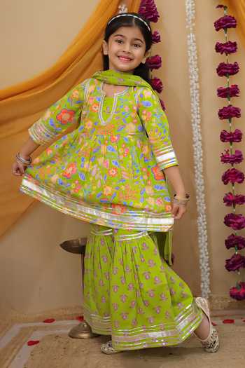Shop_JILMIL DREAMWEAR_Blue Cotton Zari Girls Anarkali Sharara And Dupatta Set _Online_at_Aza_Fashions