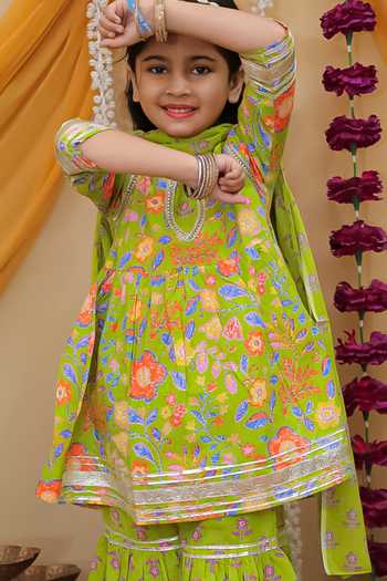 JILMIL DREAMWEAR_Blue Cotton Zari Girls Anarkali Sharara And Dupatta Set _at_Aza_Fashions