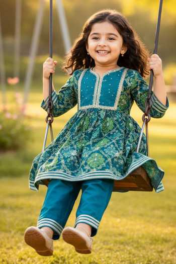 JILMIL DREAMWEAR_Blue Cotton Zari Floral Print Anarkali And Pant Set _Online_at_Aza_Fashions