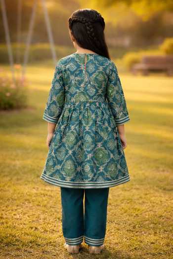 Shop_JILMIL DREAMWEAR_Blue Cotton Zari Floral Print Anarkali And Pant Set _at_Aza_Fashions