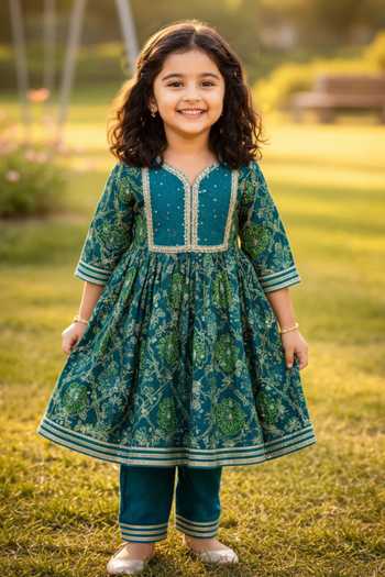 Buy_JILMIL DREAMWEAR_Blue Cotton Zari Floral Print Anarkali And Pant Set _at_Aza_Fashions