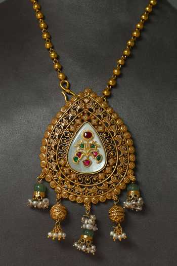 Shop_Mero Jewellery_Gold Plated Pearls, Stones Handcrafted Floral Pendant Necklace _at_Aza_Fashions