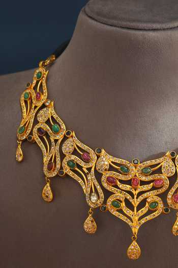 Shop_Mero Jewellery_Gold Plated Stones, Carved Necklace _at_Aza_Fashions