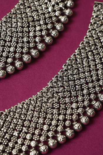 Shop_Mero Jewellery_Silver Plated Beads, Chains Handmade Pair Of Anklets _at_Aza_Fashions