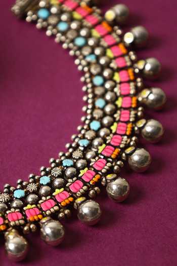 Shop_Mero Jewellery_Pink Beads, Stones Carved Pair Of Anklets _at_Aza_Fashions