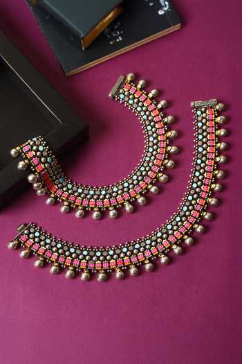 Buy_Mero Jewellery_Pink Beads, Stones Carved Pair Of Anklets _at_Aza_Fashions