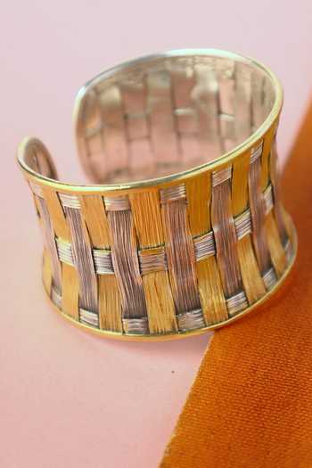 Shop_Mero Jewellery_Gold Plated Handmade Woven Silver Open Bangle Cuff _at_Aza_Fashions