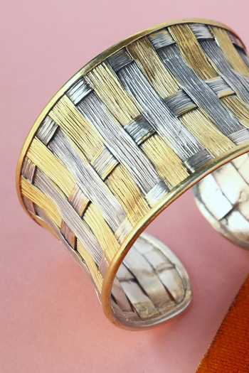 Mero Jewellery_Gold Plated Handmade Woven Silver Open Bangle Cuff _Online_at_Aza_Fashions
